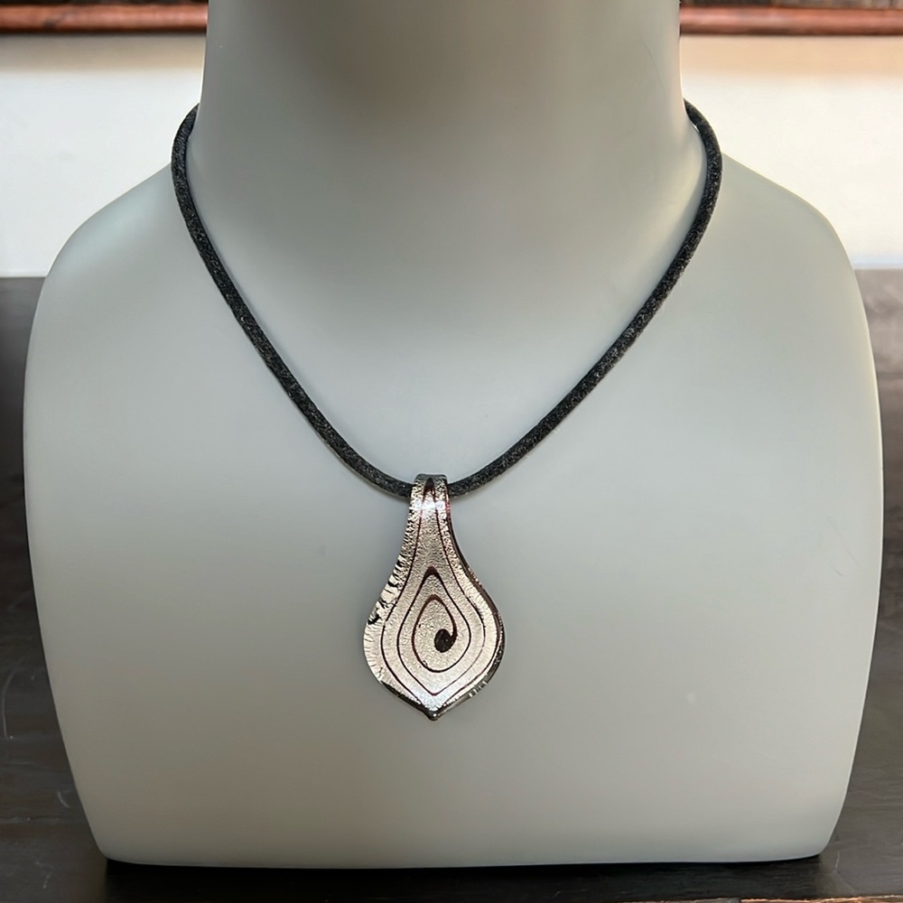 Glass pendant necklace with faux suede necklace “chain” black silver brown